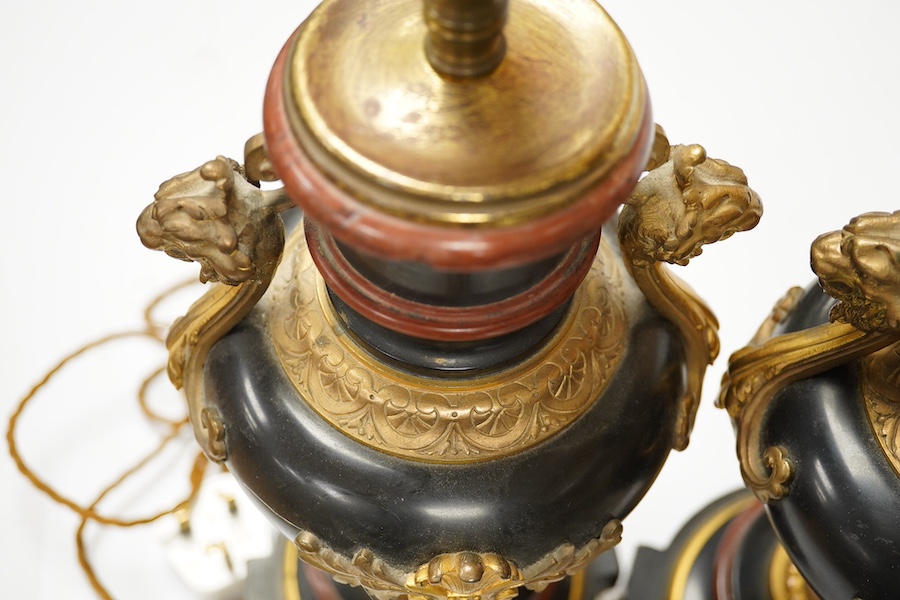 A pair of ormolu, rouge and black marble table lamps, 42cm including fitting. Condition - good